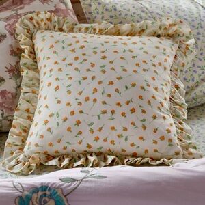 Urban Outfitters Cream and Orange Floral Pillow with Ruffle Trim